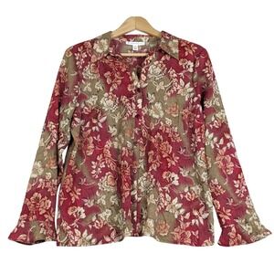 JM Collection Womens Blouse Size 14P Burgundy Sheer Floral Button‎ Front Top